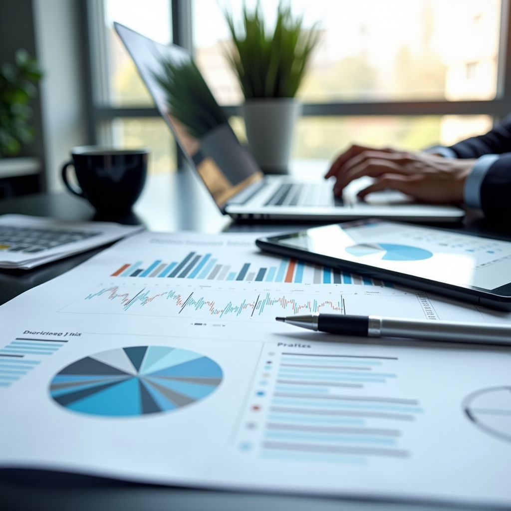 Documenti finanziari e grafici di compliance su scrivania moderna con laptop e tablet che mostrano dashboard di rendicontazione societaria, ambiente professionale con luce naturale