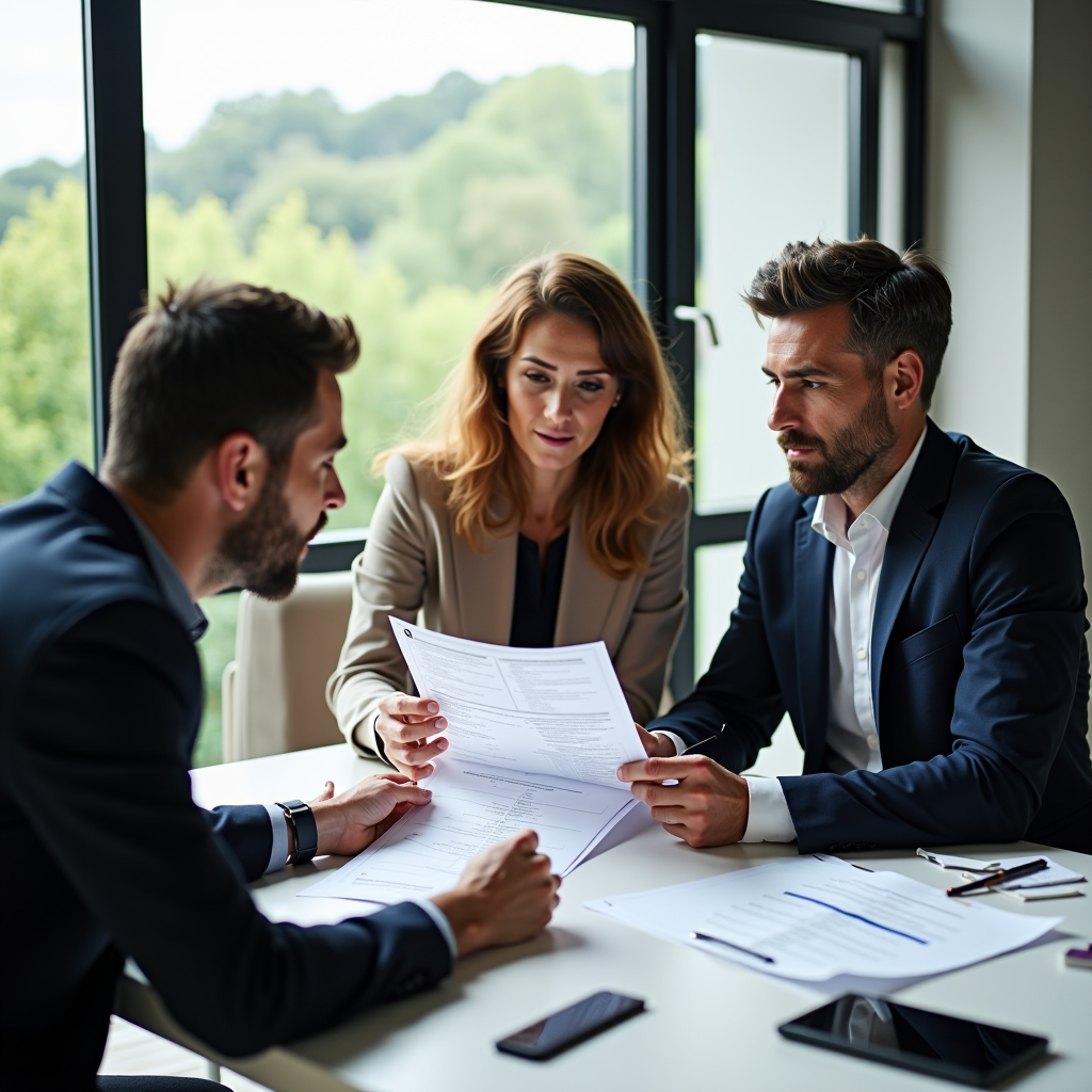 Famiglia italiana che esamina documenti finanziari con consulente professionale in ufficio moderno e luminoso a Torino