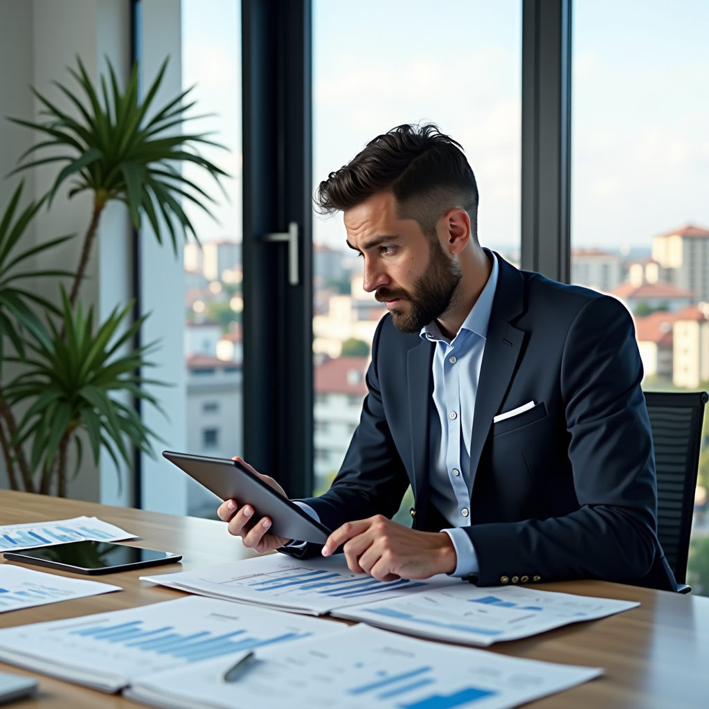 Consulente immobiliare professionista di CONFIDARE durante una valutazione dettagliata di proprietà commerciale a Torino, con documenti finanziari, planimetrie e tablet digitale sul tavolo in ufficio moderno con vista sulla città