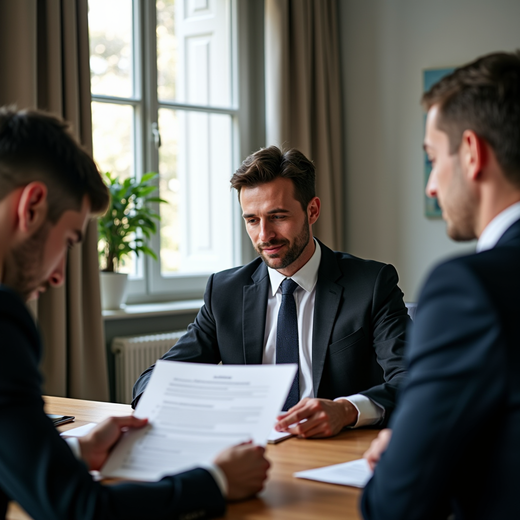 Consulente assicurativo professionale che esamina documenti con clienti in un moderno ufficio di Torino con arredi eleganti e illuminazione naturale