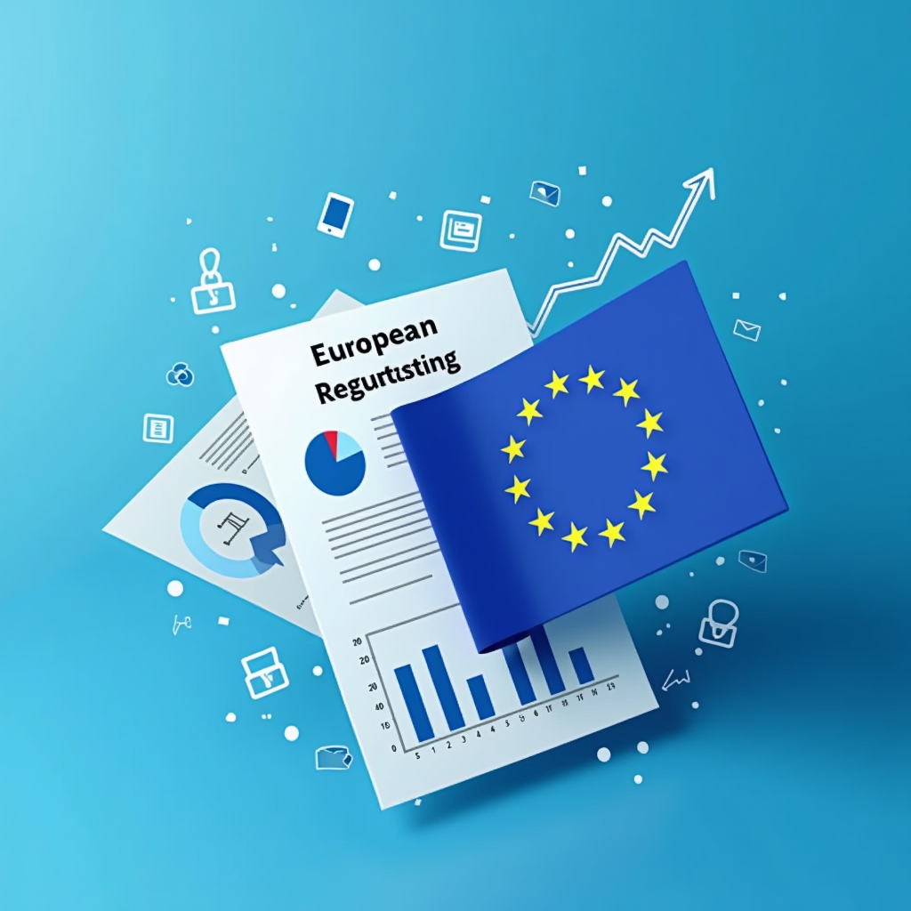 Immagine rappresentativa di documenti normativi europei con bandiera UE, grafici di compliance e simboli di trasparenza finanziaria su sfondo professionale blu