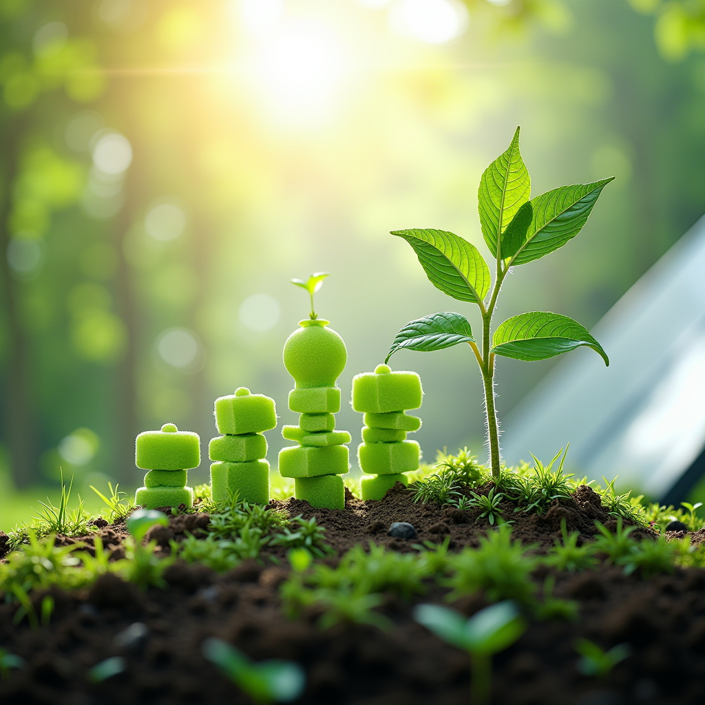 Immagine evocativa di sostenibilità ambientale con elementi green, pannelli solari, natura, simboli ESG, grafici di impatto ambientale e icone di economia circolare su sfondo naturale professionale