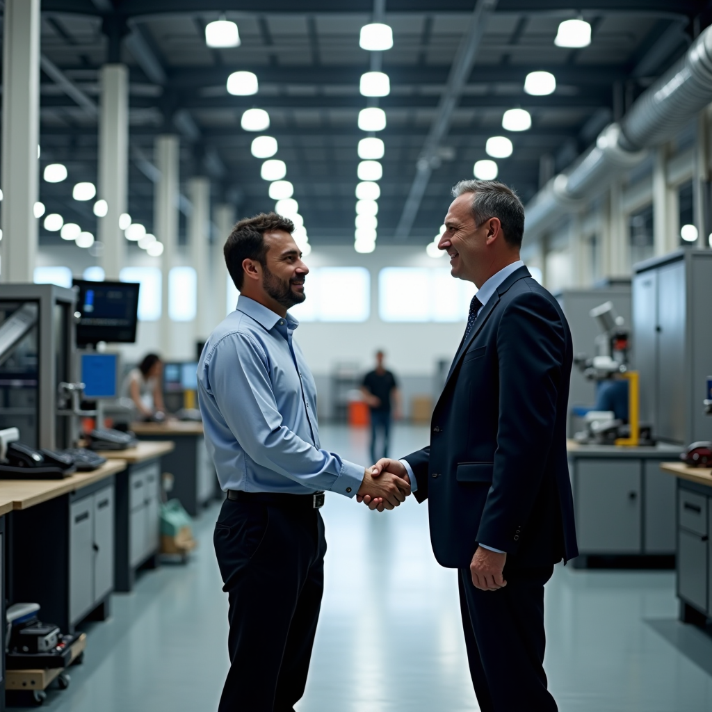 Moderno stabilimento industriale italiano con macchinari avanzati, imprenditore che stringe la mano a consulente finanziario, ambiente professionale e dinamico