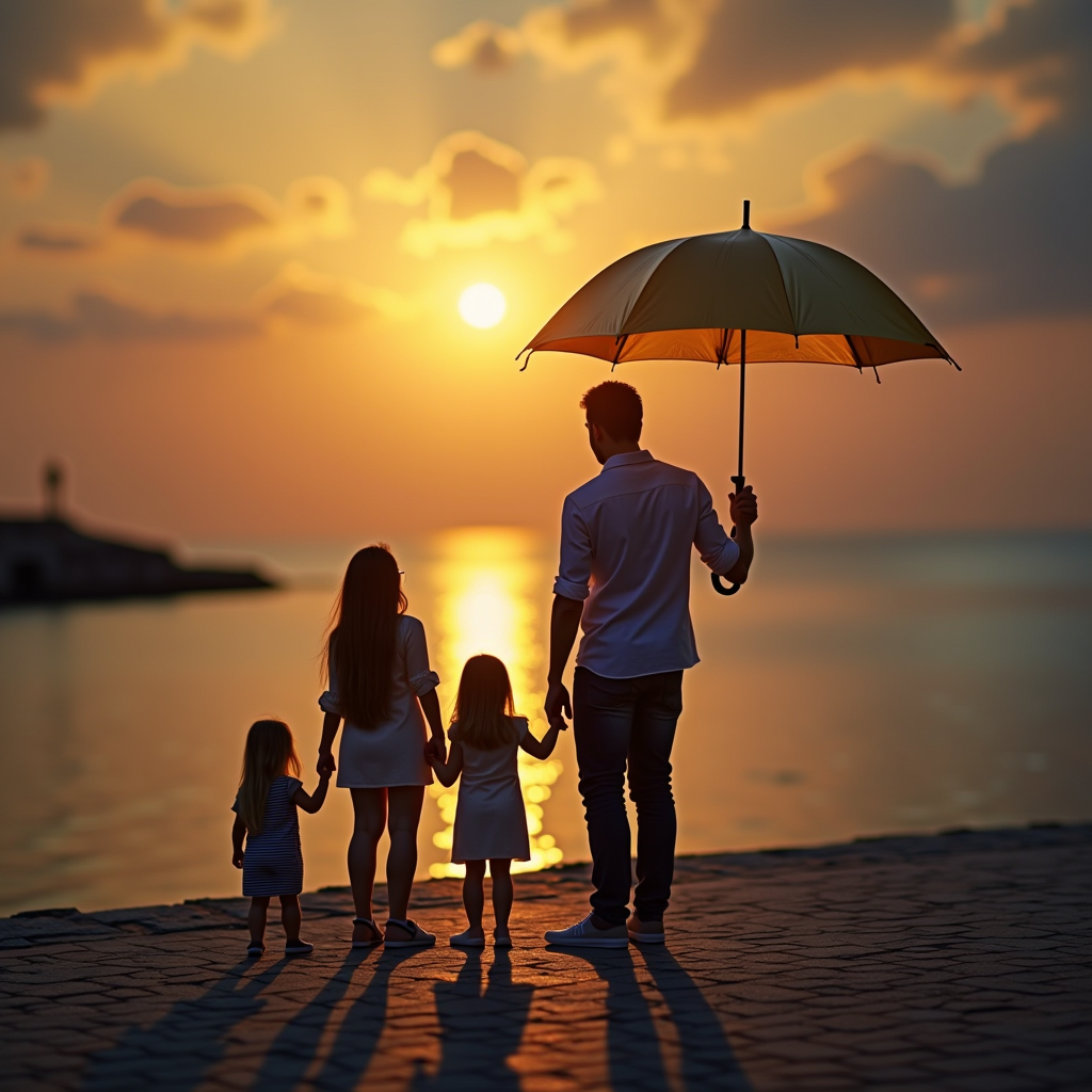 Famiglia italiana protetta simbolicamente da ombrello dorato, consulente che presenta documenti di copertura assicurativa, ambiente sicuro e professionale con tonalità calde